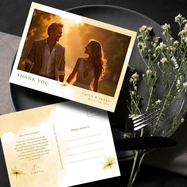 Gyllene Timmen Grace & Bröllopsfoto Floral Tack Vykort (Skapare uppladdad)