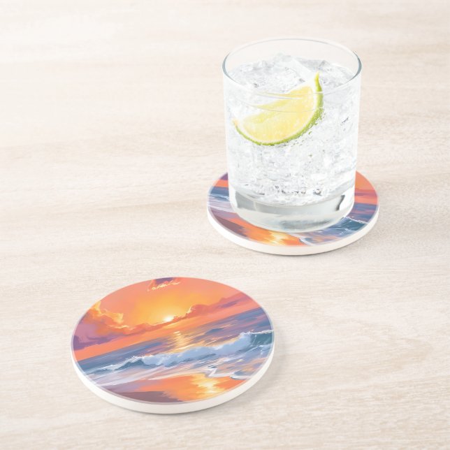 Gyllene Timmen Orange Solnedgång Strand Hav Måleri Underlägg (Sidan)