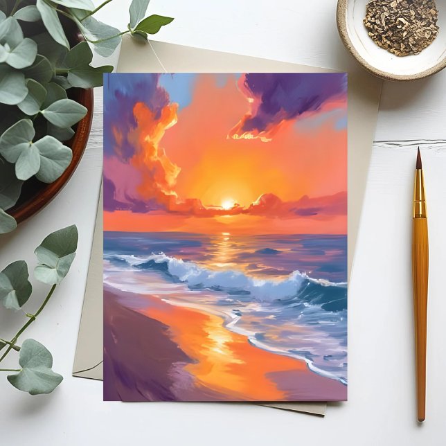 Gyllene Timmen Orange Solnedgång Strand Hav Måleri Vykort (Skapare uppladdad)