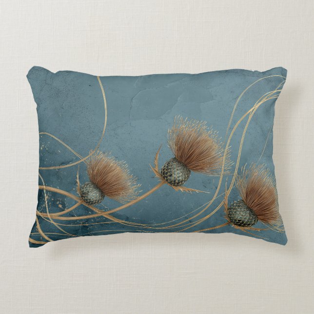 Gyllene Tistel Teal Blå Textur Elegans Prydnadskudde (Framsidan)
