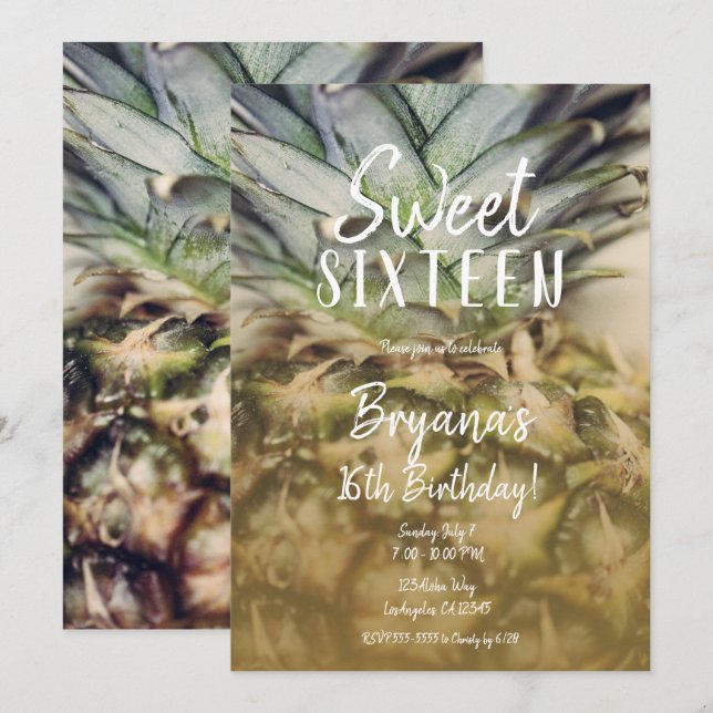 Gyllene Tropisk Ananas Söt 16 Födelsedagsfest Inbjudningar (Fram/baksida)