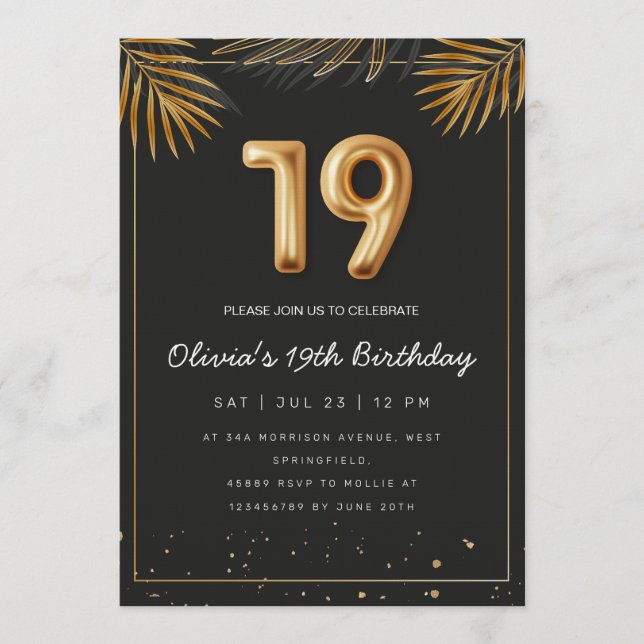 Gyllene Tropiska Palmblad 19-årsdag  Inbjudningar (Framsida)