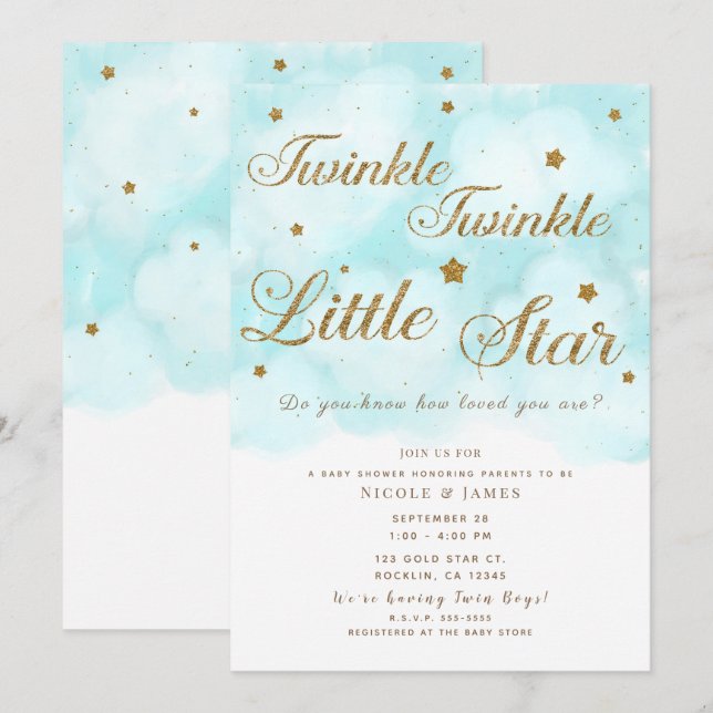 Gyllene Twinkle Stars & Blå himmel moln Bebisens f Inbjudningar (Fram/baksida)