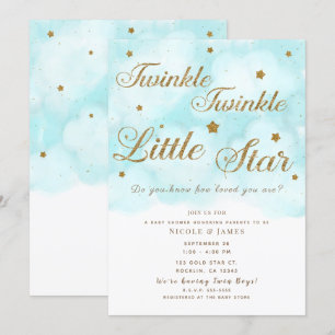 Gyllene Twinkle Stars & Blå himmel moln Bebisens f Inbjudningar