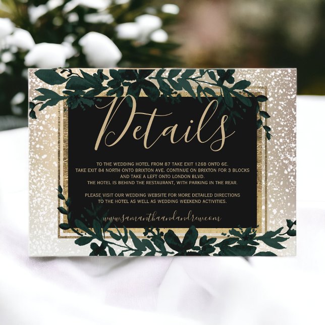 gyllene typografi blad snö elegant vinter detaljer tilläggskort (gold typography leaf snow elegant winter details enclosure card)