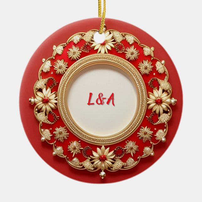 Gyllene utsmyckad blomster cirkel design julgransprydnad keramik (Framsidan)