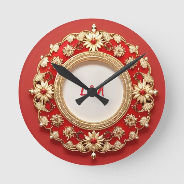 Gyllene utsmyckad blomster cirkel design rund klocka (Framsida)