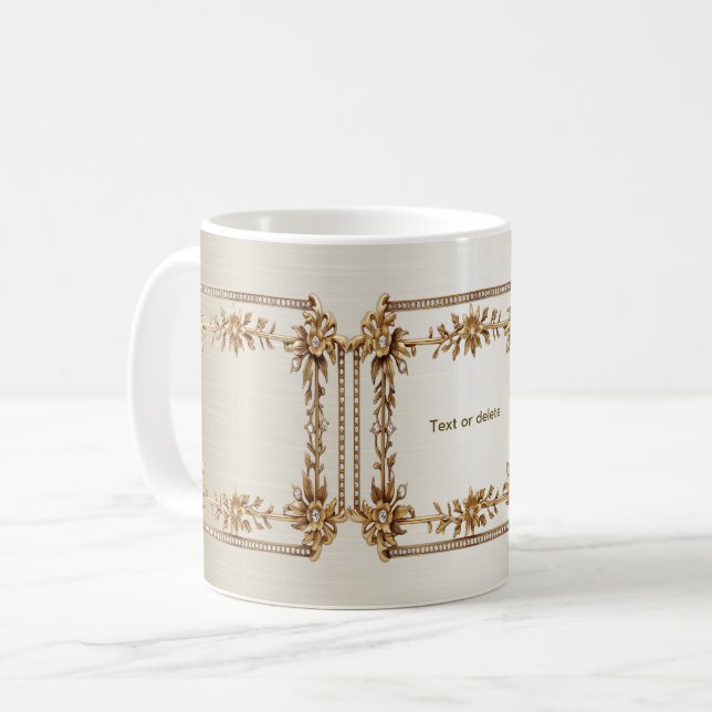 Gyllene utsmyckad rektangel diamant blommor blank kaffemugg (Framsida vänster)