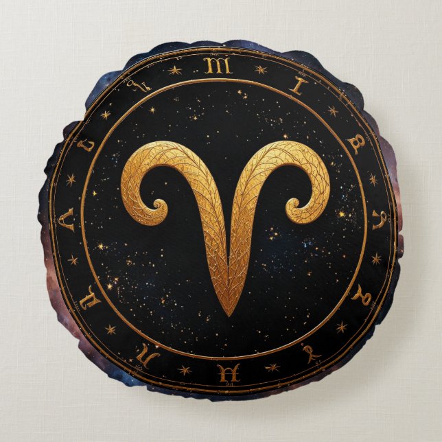 Gyllene Väduren Zodiak Hjulsymbol Rund Kudde (Framsidan)
