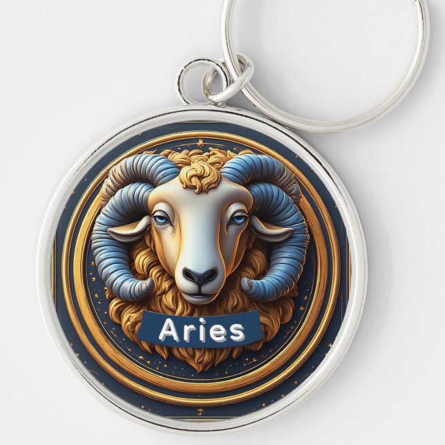 Gyllene Väduren Zodiasköld Rund Silverfärgad Nyckelring (Framsidan)