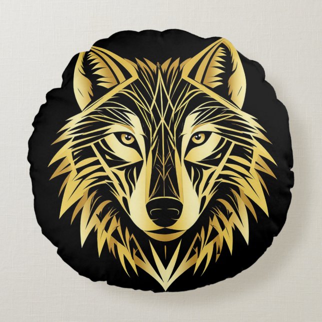 Gyllene Varghuvud På Svart Geometrisk 🐺 Rund Kudde (Framsidan)