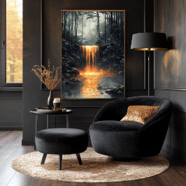 Gyllene vattenfall i mystisk skog poster