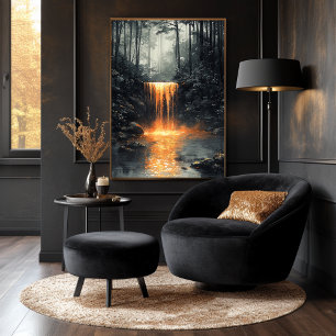 Gyllene vattenfall i mystisk skog poster
