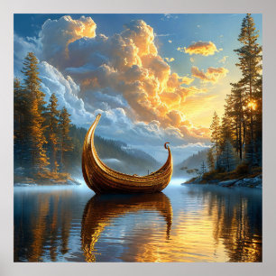 Gyllene Viking-Inspirerad Båt som Vilar på Mystisk Poster