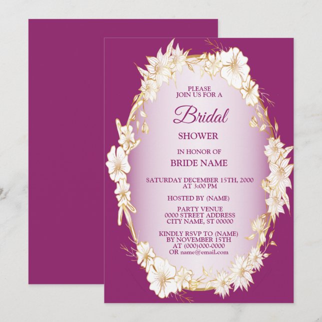 Gyllene Vit Blommig Rosa Bröllop Bröllopsdusch Inbjudningar (Fram/baksida)