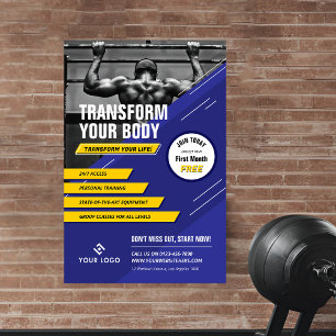 Gym Photo Blue & Gult Logotyp Fitness Promotional Poster