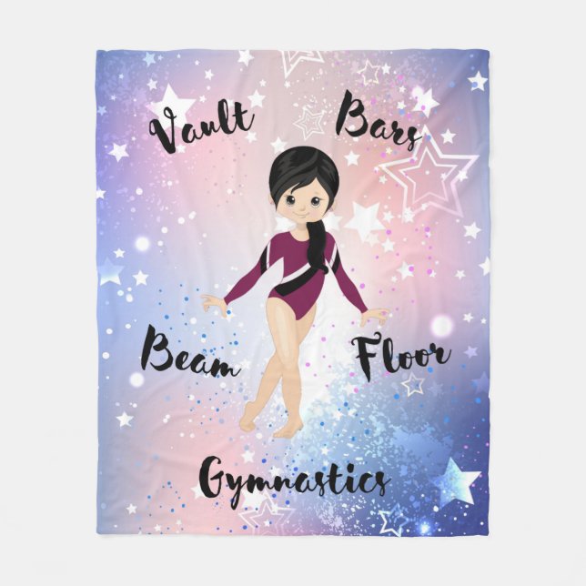 Gym Star Black Hair, Brown Öga, Burgundy Leotard Fleecefilt (Framsidan)