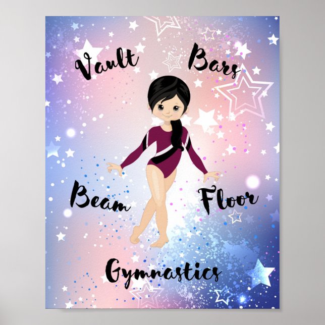 Gym Star Black Hair, Brown Öga, Burgundy Leotard Poster (Framsidan)