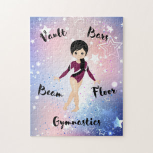 Gym Star Black Hair, Brown Öga, Burgundy Leotard Pussel