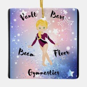 Gym Star Blonde, Grönt Öga, Burgundy Leotard Julgransprydnad Keramik