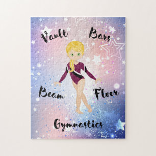 Gym Star Blonde, Grönt Öga, Burgundy Leotard Pussel
