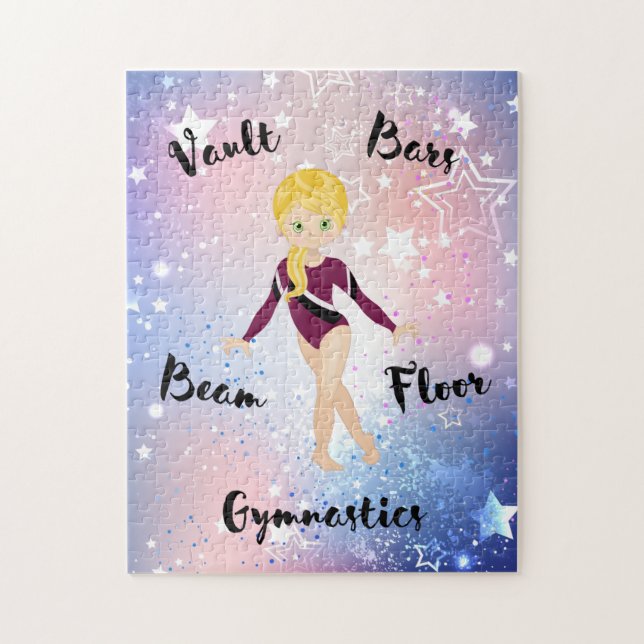 Gym Star Blonde, Grönt Öga, Burgundy Leotard Pussel (Vertikal)