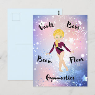 Gym Star Blonde, Grönt Öga, Burgundy Leotard Vykort