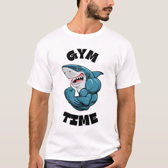 Gym Time Flexing Shark - Funny Workout Fitness T Shirt (Framsida)