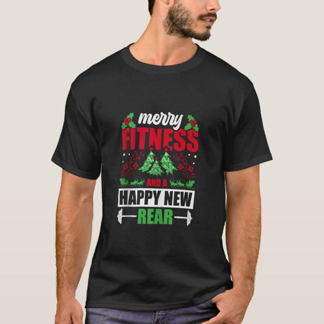 Gym Workout Merry Fitness Happy New Rear Christmas T Shirt (Framsida)