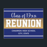 Gymnasieåterträff Spara datum Blå Meddelande Vykort<br><div class="desc">Spara datum för gymnasie- eller klassåterförenings postkort. Roligt blått gradientband med fet vit text. All text kan anpassas och ändras för dina egna festbehov. Klassbanderoller finns också i min butik.</div>