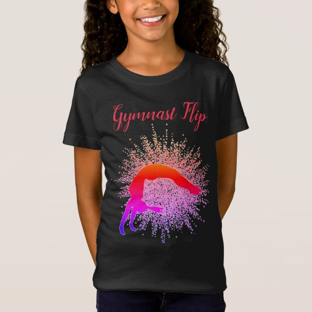 "Gymnast Flip" Girls Gymnastics Red & Rainbow T Shirt (Framsida)