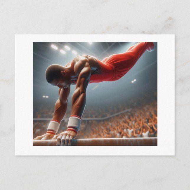 Gymnast på barrar,  vykort (Framsida)