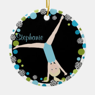 Gymnastblondin i Aqua och gröntpersonlig Julgransprydnad Keramik