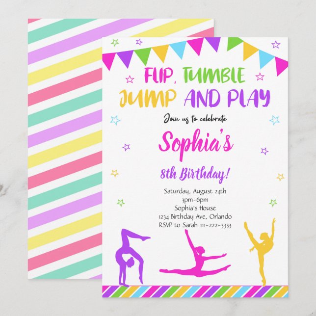 Gymnastic Flip Tumble Jump Birthday-inbjudan Inbjudningar (Fram/baksida)