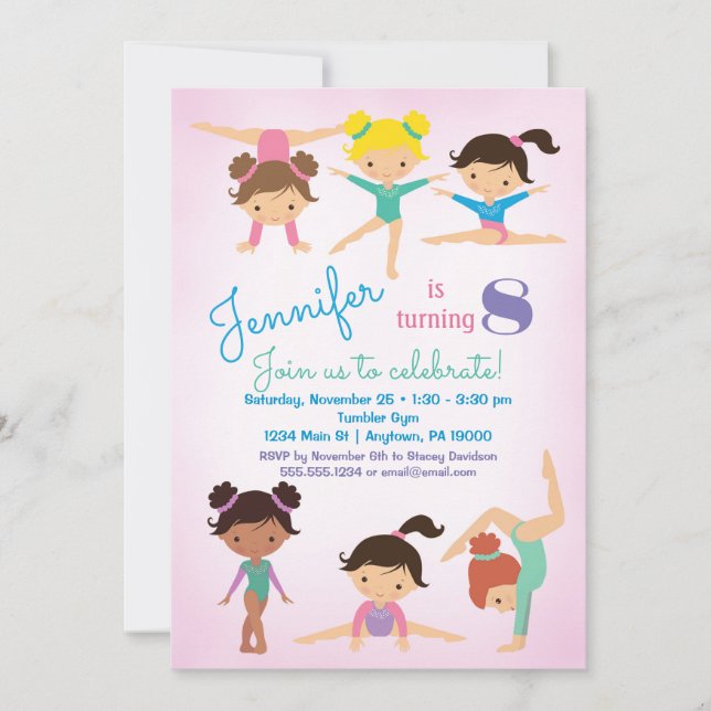Gymnastics Birthday Bjud - Girls Rosa Inbjudningar (Framsida)