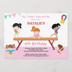 Gymnastics Birthday Investigation Rosa Gym Party Inbjudningar