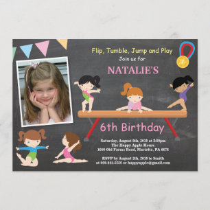 Gymnastics Birthday Investigation Rosa Gym Party Inbjudningar