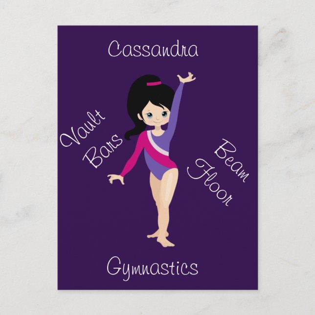 Gymnastics Black Hair, Blue Eyes, Purple Leotard   Vykort (Framsida)