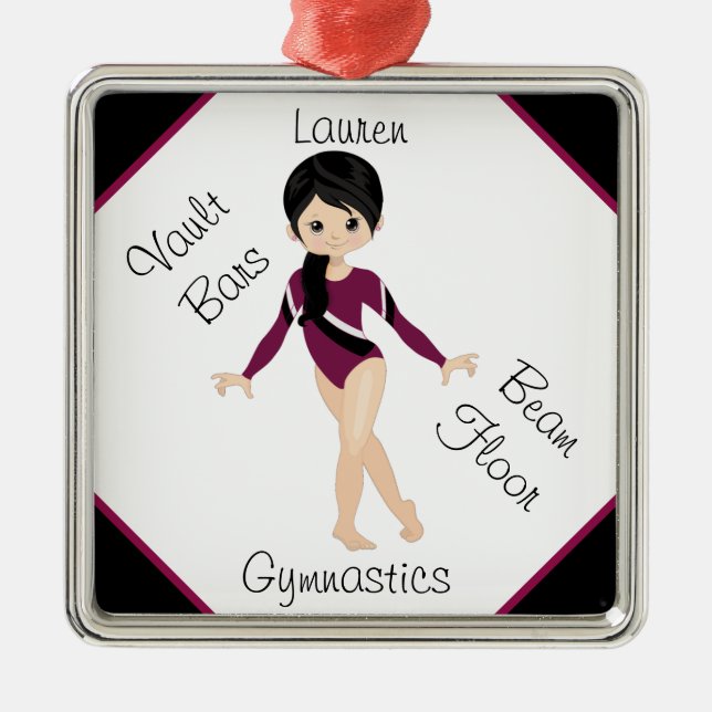Gymnastics Black Hair, Brown Öga, Burgundy Leo Julgransprydnad Metall (Framsidan)