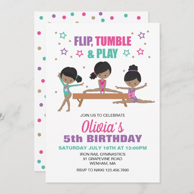 Gymnastics Flip Tumble & Play Birthday Inbjudningar (Fram/baksida)