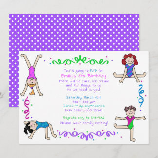 Gymnastics Girls Tumbling Party Gymnast Kids Inbjudningar