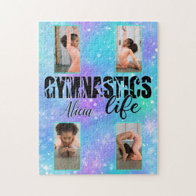 Gymnastics Life Pastel Personlig Namn & 4 Photo Pussel (Vertikal)