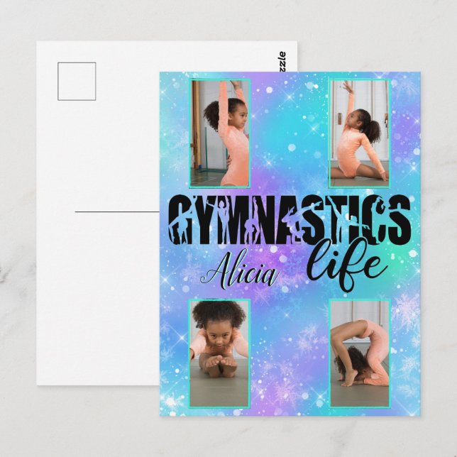 Gymnastics Life Pastel Personlig Namn & 4 Photo Vykort (Fram/baksida)