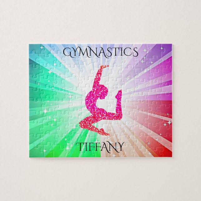 "GYMNASTICS" ljus pussel med gymnast. (Horisontell)