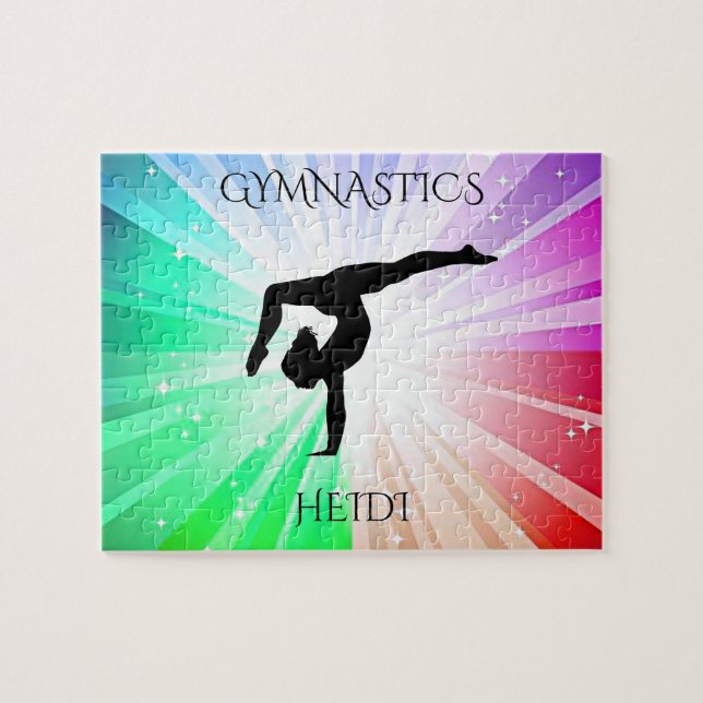 "GYMNASTICS" ljus pussel med gymnast. (Horisontell)