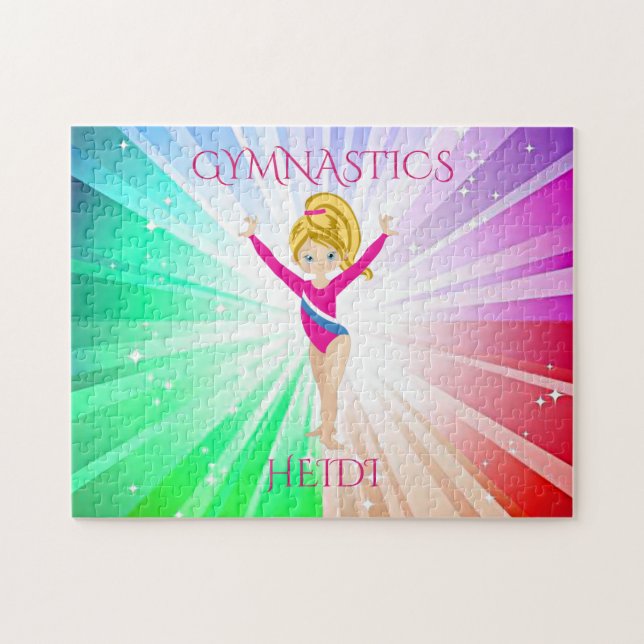 "GYMNASTICS" ljus pussel med gymnast. (Horisontell)