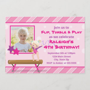 Gymnastics Party Birthday bjudande Blonde Girl Inbjudningar