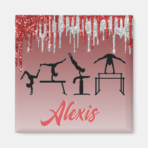 Gymnastics Red and Silver Glitter Drip Ombre Magnet