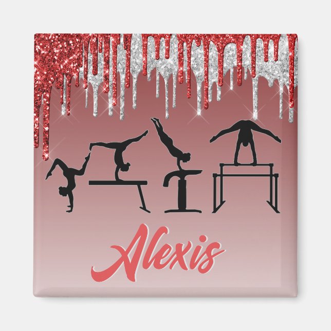 Gymnastics Red and Silver Glitter Drip Ombre Magnet (Framsidan)