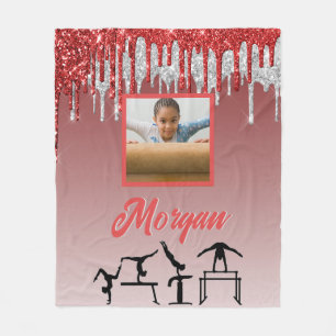 Gymnastics Red & Silver Glitter Drip Anpassningsba Fleecefilt